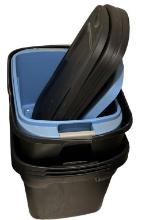 (5) Large Plastic Totes With Lids—One Black Tote
