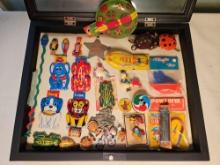 Assortment of Tin and Plastic Toys with Display Case