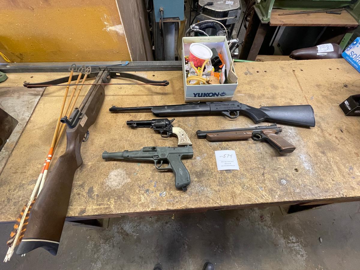 Various BB guns, crossbow, paintball gun