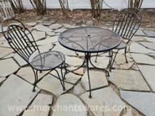 Metal Table with Mesh Top plus Two Metal Chairs