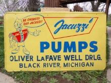 Jacuzzi Pumps Embossed Metal Black River Michigan Sign
