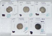 5 Seated Dimes: 1853, 1854, 1856, 1875, 1888.