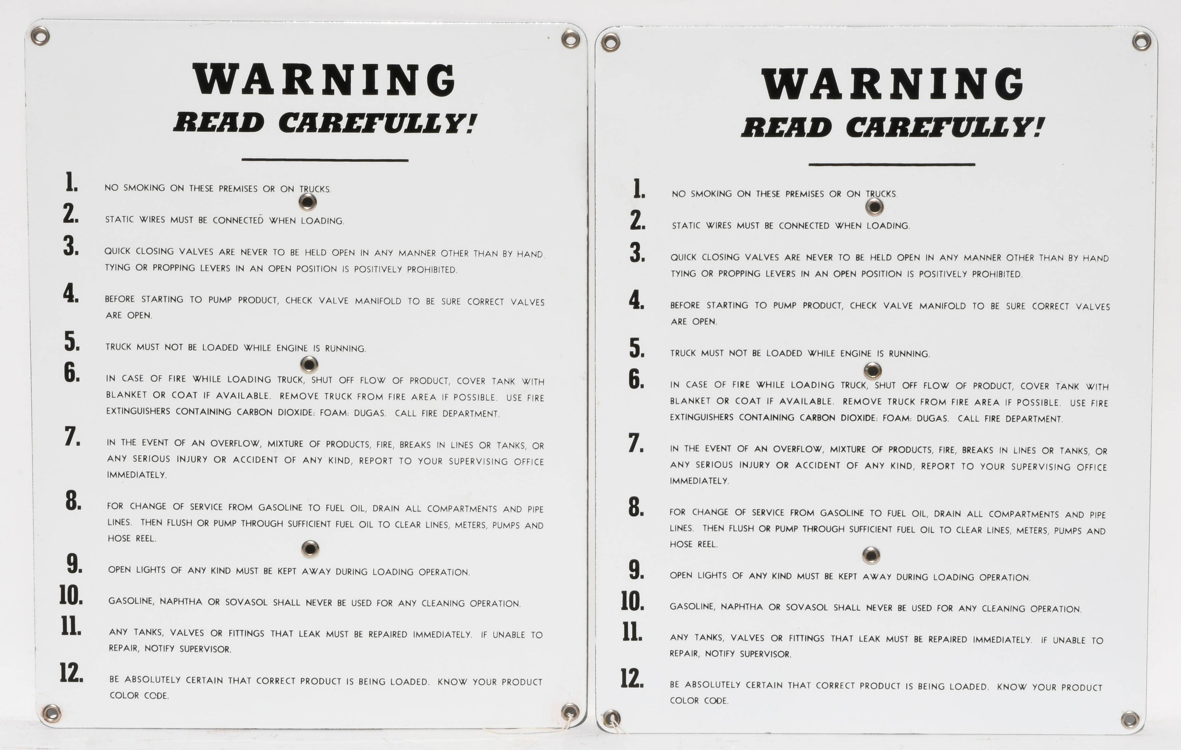 Lot of 2 Warning Read Carefully Porcelain Signs