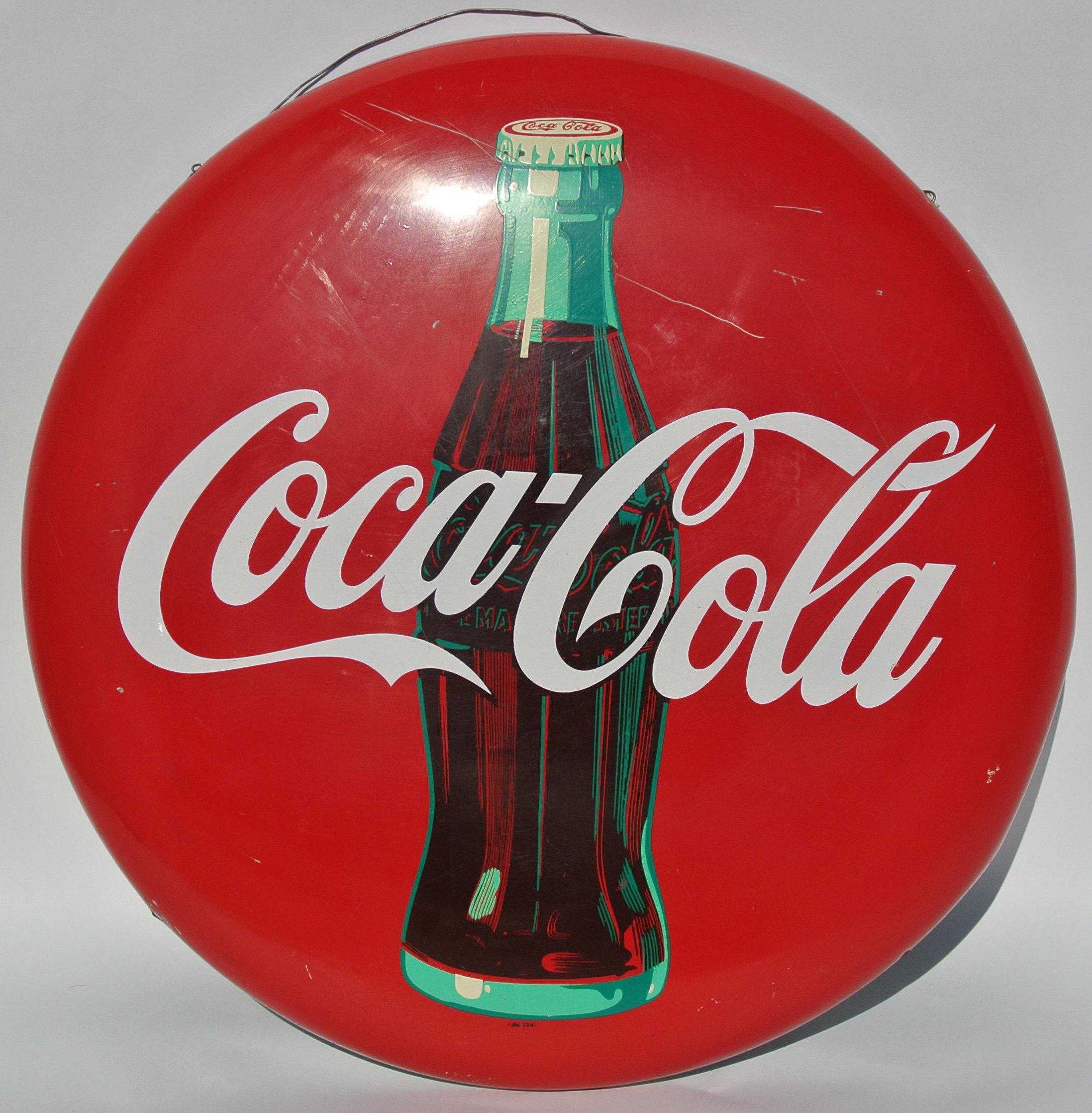 Coca Cola Tin Button Sign With Bottle Graphic