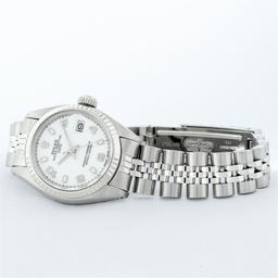 Rolex Ladies Stainless Steel White Dial White Gold Fluted Bezel Wristwatch