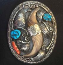 Native made buckle, silver, turquoise and coral, signed; fits 2" belt