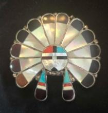 Sterling Silver and turquoise nlaid round Zuni made buckle