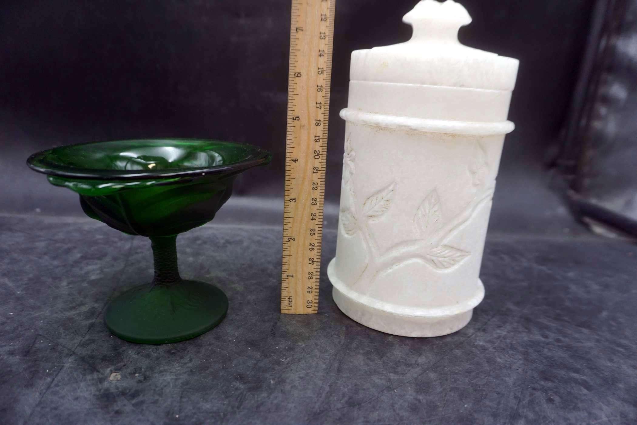 Glass Container, Milk Glass Container & Raised Green Glass Dish