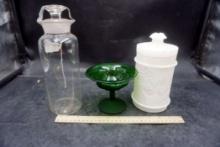 Glass Container, Milk Glass Container & Raised Green Glass Dish