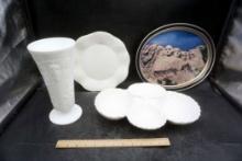 Milk Glass Vase, Plate & Serving Dish, Mount Rushmore Metal Plate