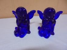 Beautiful Set of Cobalt Cherub Glass Candle Holders