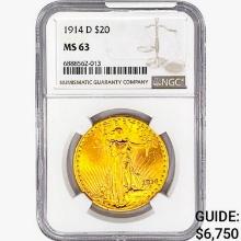 1914-D $20 Gold Double Eagle NGC MS63