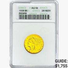 1908 $5 Gold Half Eagle ANACS AU58