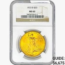 1923-D $20 Gold Double Eagle NGC MS63