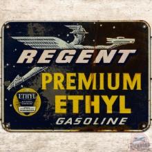Regent Premium Ethyl Gasoline SS Tin Pump Plate Sign w/ Mercury Man