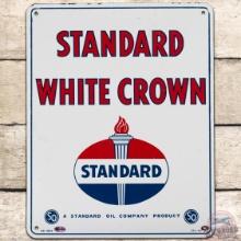 Standard White Crown Gasoline SS Porcelain Pump Plate Sign w/ Logo