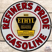 Refiners Pride Ethyl Gasoline SS Porcelain Pump Plate Sign w/ Logo