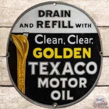 8" Drain and Refill Clean Clear Golden Texaco Motor Oil Curved SS Porcelain Pump Plate Sign "Small"
