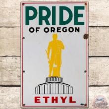 Pride of Oregon Ethyl SS Porcelain Gas Pump Plate Sign w Logo