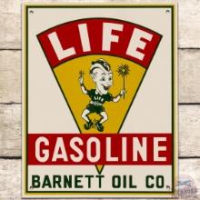NOS Life Gasoline Barnett Oil Co. SS Tin Pump Plate Sign w Elf