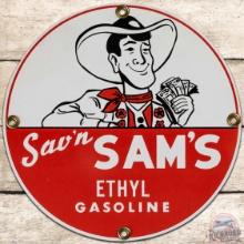 NOS Sav'n Sam's Ethyl Gasoline SS Tin Pump Plate Sign