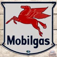 1954 Mobilgas Gasoline SS Porcelain Pump Plate Sign w/ Pegasus "Small"