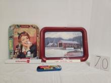 2 Coca-cola Serving Trays And 2 Plastic Coca-cola Rulers And 1996 Coc-cola Tin