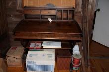 Antique Wooden Desk with Lift Top and Cubbies