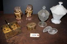 Milk Glass, Brass basket, Owl figurines, glass egg
