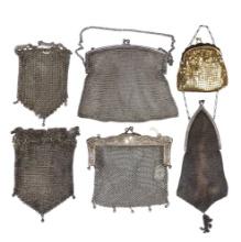 Ladies Purses (6), two Whiting & Davis mesh, 1 marked "Sterling", Art Nouve