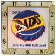 Soda Fountain Dad's Root Beer Clock, mfgd by Advertising Products with "Tas