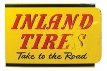 Automobilia Sign, Inland Tires flange, two-sided painted diecut steel, "Tak