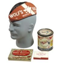 Petroliana Tins & Cap (4), Wolf's Head Motor Oil & Lubes fabric & vinyl cap