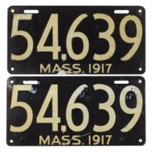 License Plates (2), 1917 Massachusetts set, litho on steel, Good+ cond, 6"H