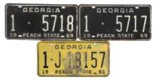 License Plates (3), Rare Georgia #1's, matched pr of 1969 & single1961, Goo