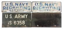 Militaria License Plates (4), pair U.S. Recruiting, pressed steel & pair U.