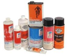 Motorcycle Harley-Davidson Products (8), oils, treatments & paints, c.1970s