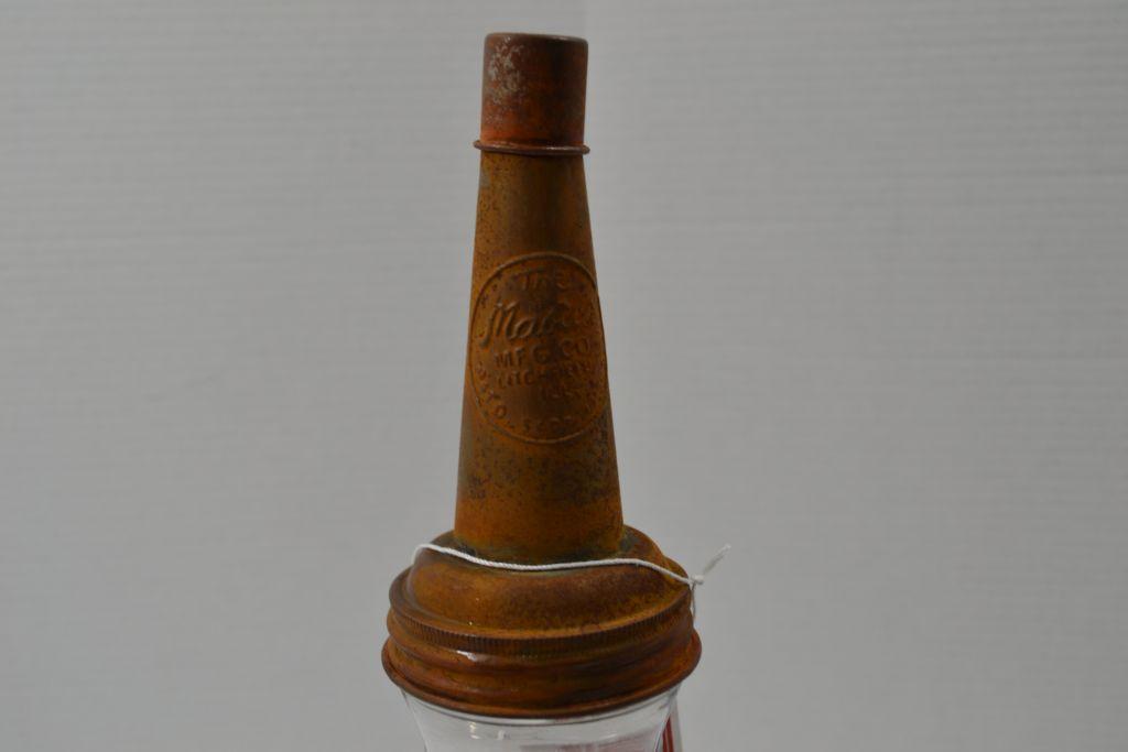 1 Quart Glass Buffalo Gasoline Master Oil Bottle, Reproduction? w/Metal Top & Spout, 14" Tall