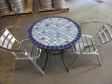 28 IN.  DARK BLUE TILE TABLE .2 SILVER CHAIRS