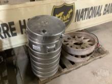 A PALLET OF, ANTIQUE WHEEL, THERMAL CONTAINER, OLD BANK SIGN,