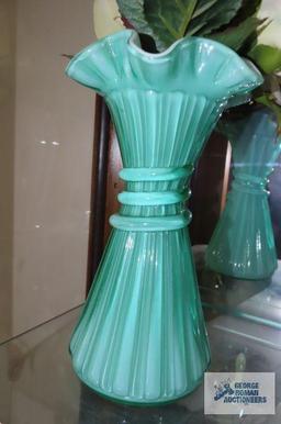 Green overlay milk glass vase