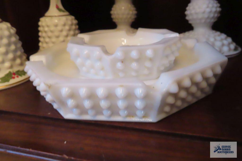 Christmas milk glass bells, candle holders and ashtrays