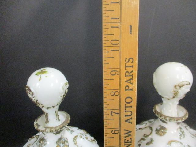 Pair of Handpainted Victorian Milk Glass Barber Bottles