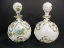 Pair of Handpainted Victorian Milk Glass Barber Bottles