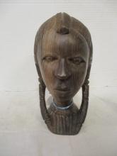 African Wood Carving Young Woman Head Bust