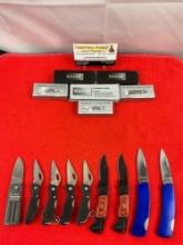 9 pcs Modern Maxam Steel Folding Blade Pocket Knives Models SK7002, SKBT3, SKBKWOOD. See pics.