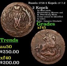Russia 1758 2 Kopek c# 7.2 Grades xf+