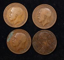 Group of 4 Coins, Great Britain Pennies, 1863, 1917, 1918, 1919 .