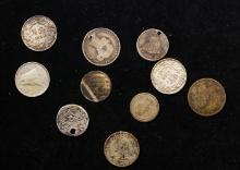 Group of 10 Coins, 2x 1/2 Franc, 10 Cents, 2x Canada 10c, 1/4 Bolivar, 2x 6 Pence, 2 other Over 1/2