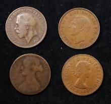 Group of 4 Coins, Great Britain Pennies, 18xx, 1918, 1937, 1967 .
